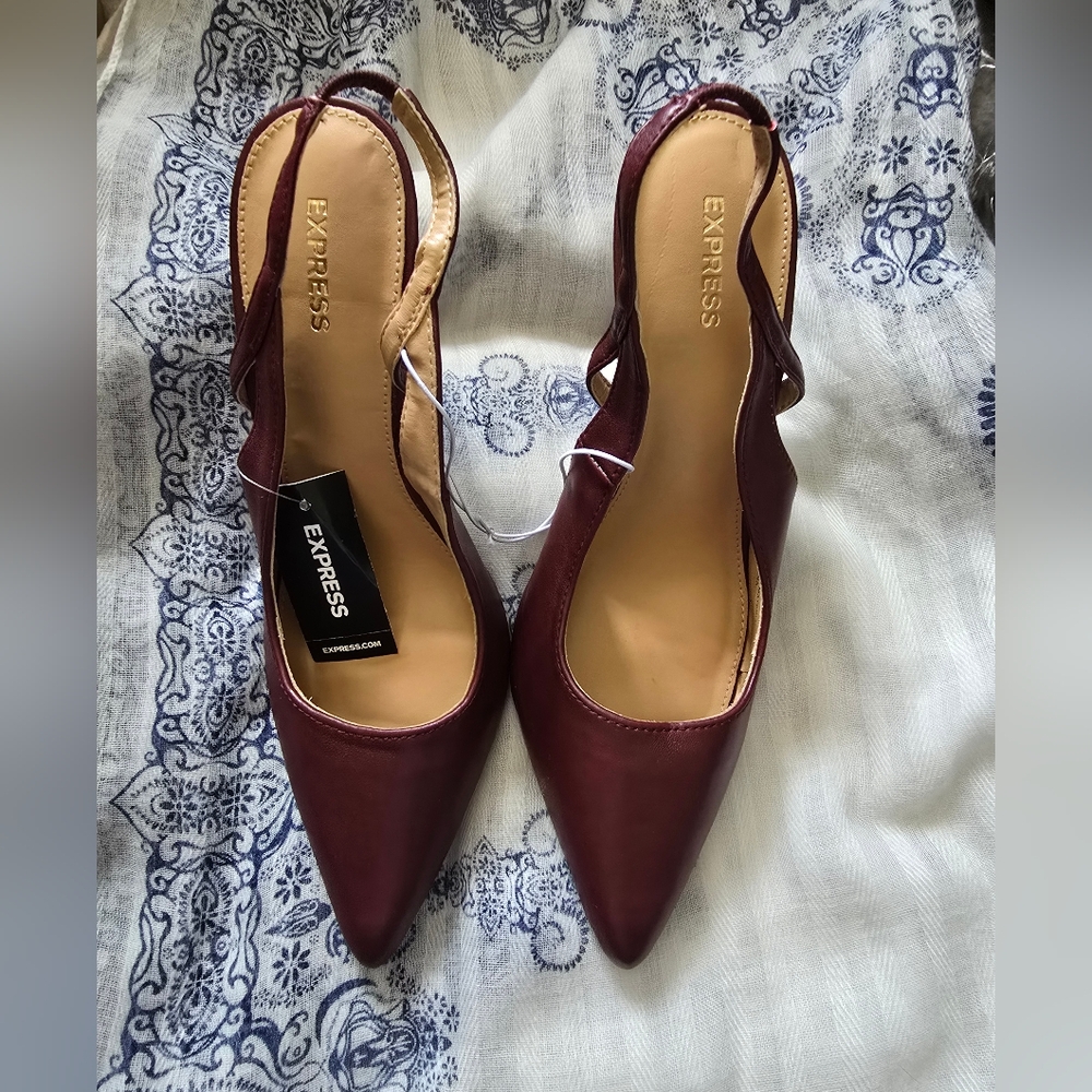 EXPRESS Brown/Burgundy Slingback Pump with Pointed Toe and Slim Heel Size 8 NWT